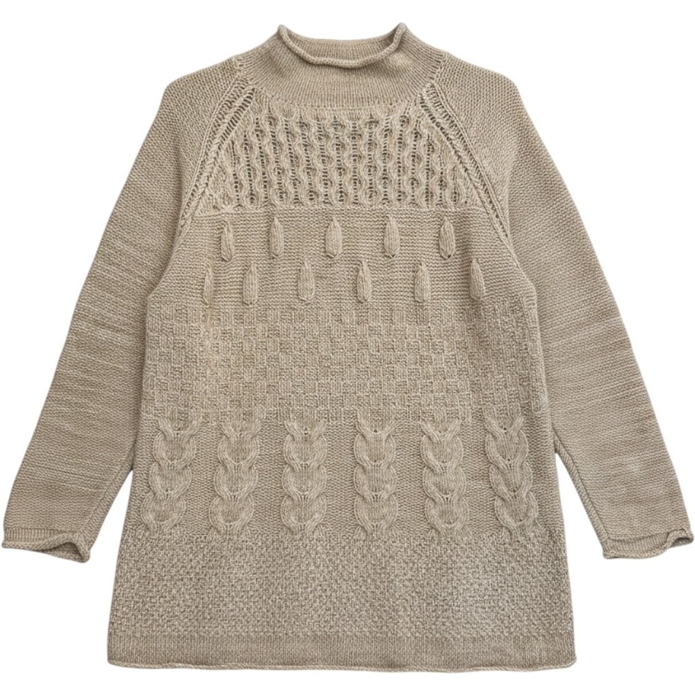 New York Style Tan Mixed Knit Mock Neck Sweater Ramie Cotton Blend Medium